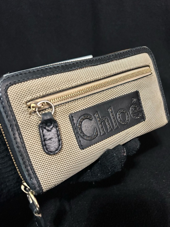 Chloe Handbags - Chloé Beige Canvas and Black Leather Zip Wallet